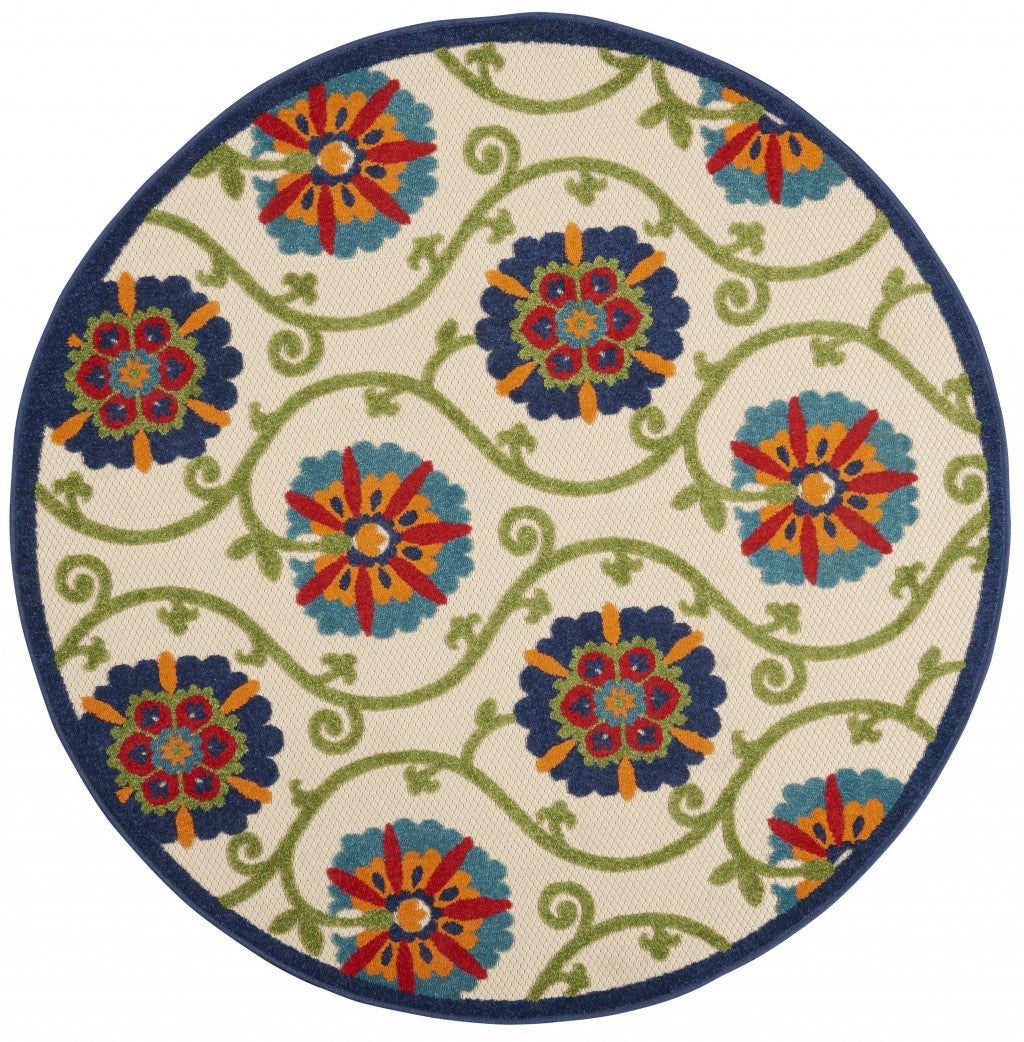 2' X 6' Ivory And Blue Floral Indoor Outdoor Area Rug