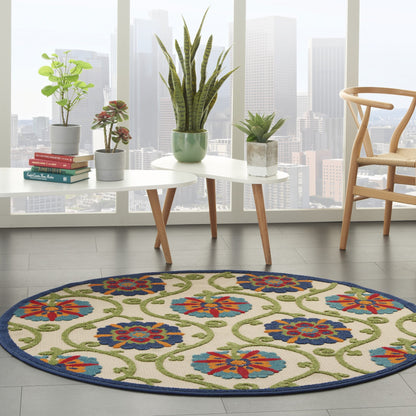 2' X 6' Ivory And Blue Floral Indoor Outdoor Area Rug