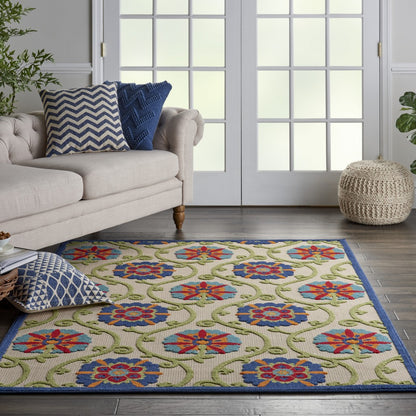 2' X 6' Ivory And Blue Floral Indoor Outdoor Area Rug