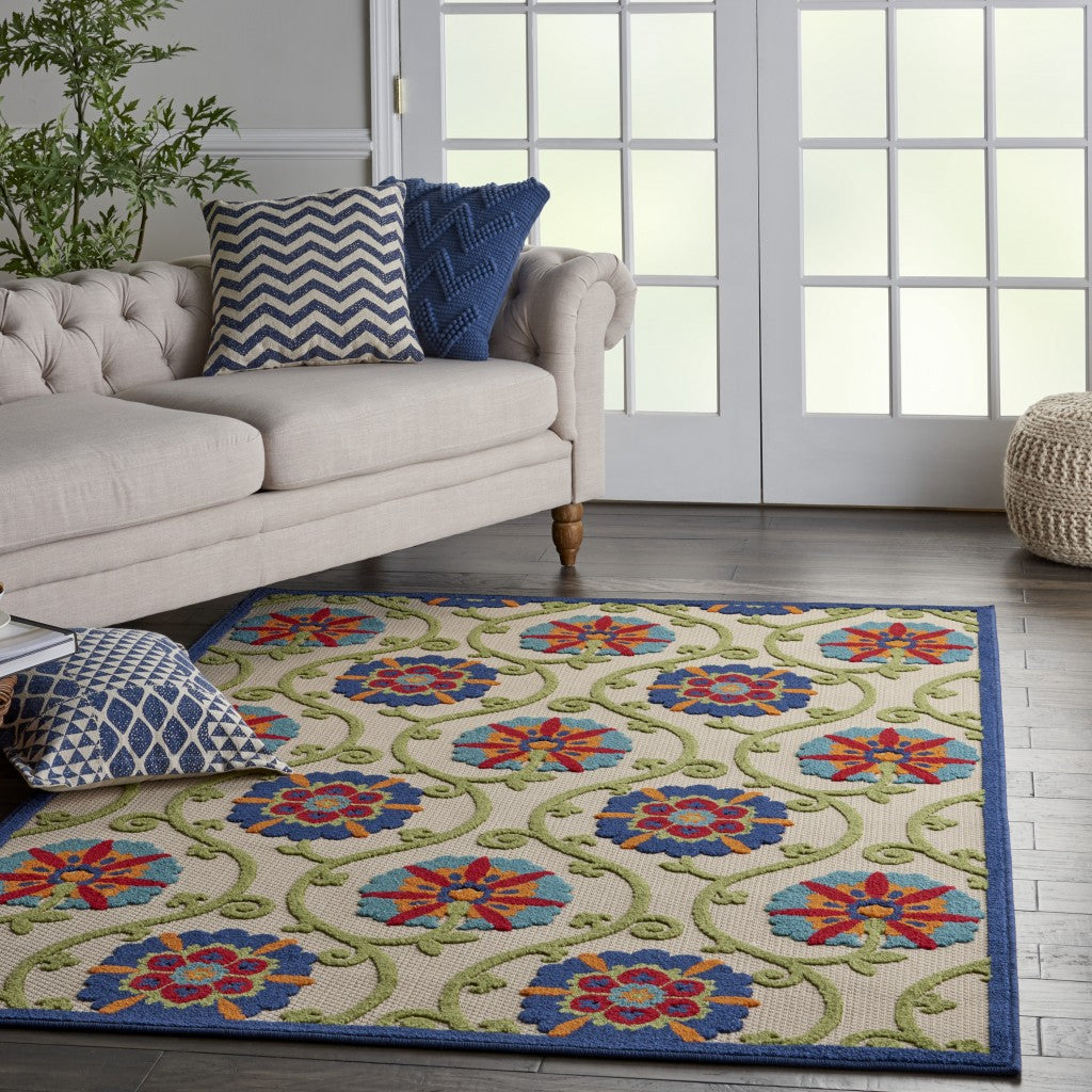 2' X 6' Ivory And Blue Floral Indoor Outdoor Area Rug