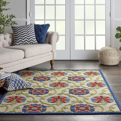 2' X 6' Ivory And Blue Floral Indoor Outdoor Area Rug