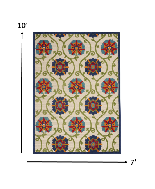 2' X 6' Ivory And Blue Floral Indoor Outdoor Area Rug