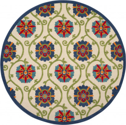 5' Round Ivory And Blue Round Floral Indoor Outdoor Area Rug