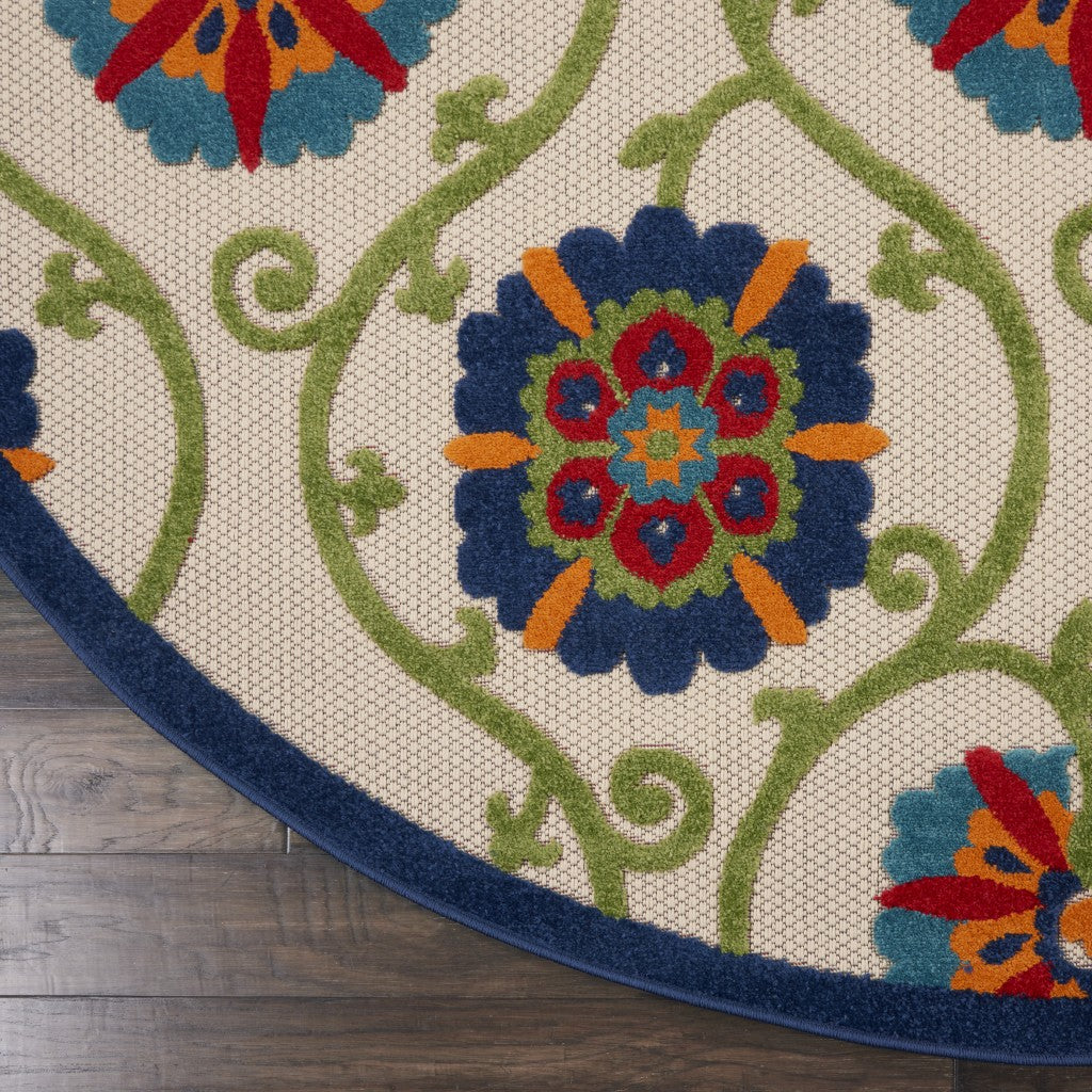 5' Round Ivory And Blue Round Floral Indoor Outdoor Area Rug