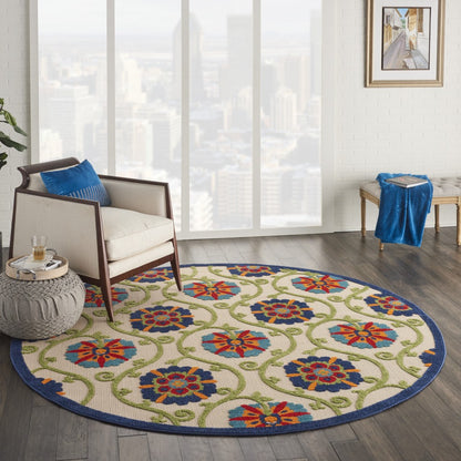 5' Round Ivory And Blue Round Floral Indoor Outdoor Area Rug