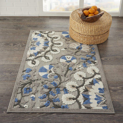 4' X 6' Blue And Gray Floral Indoor Outdoor Area Rug