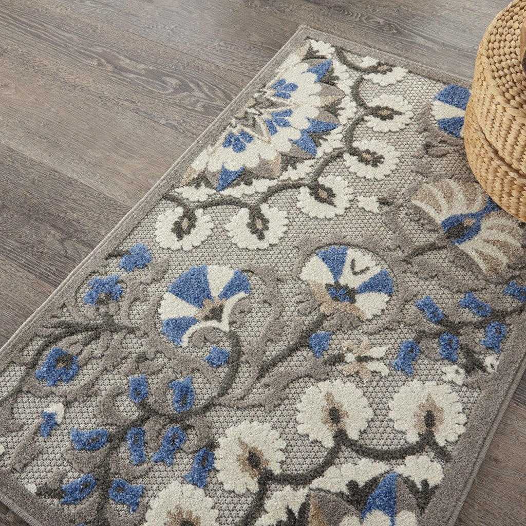 4' X 6' Blue And Gray Floral Indoor Outdoor Area Rug