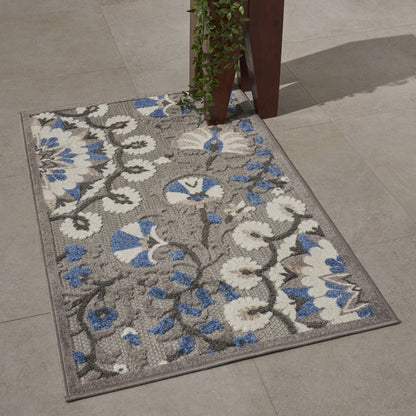 4' X 6' Blue And Gray Floral Indoor Outdoor Area Rug