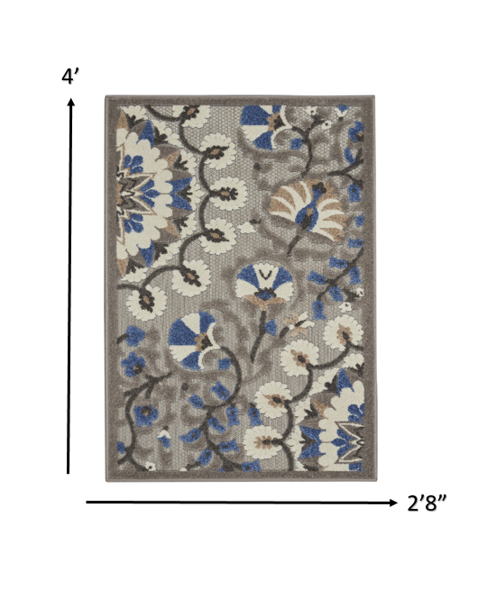 4' X 6' Blue And Gray Floral Indoor Outdoor Area Rug