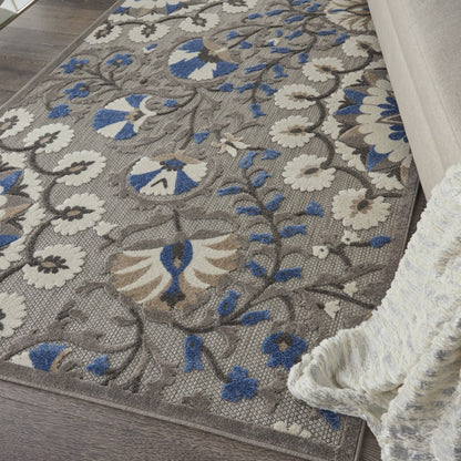 4' X 6' Blue And Gray Floral Indoor Outdoor Area Rug