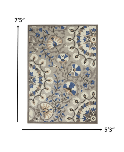 4' X 6' Blue And Gray Floral Indoor Outdoor Area Rug