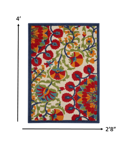 2' X 6' Red And Ivory Floral Indoor Outdoor Area Rug