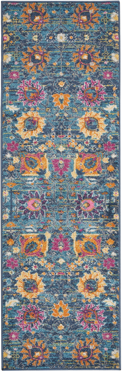 8' Blue And Orange Floral Power Loom Runner Rug