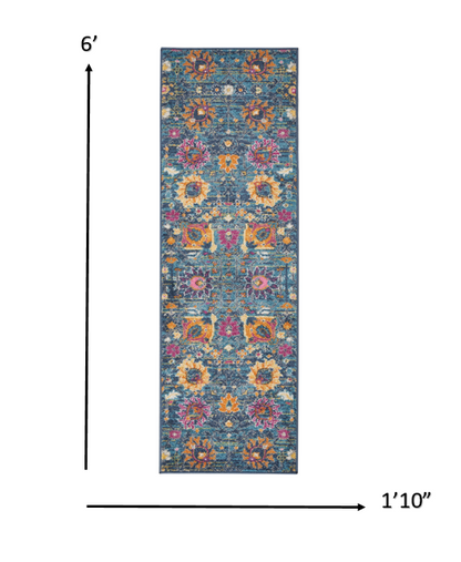 8' Blue And Orange Floral Power Loom Runner Rug
