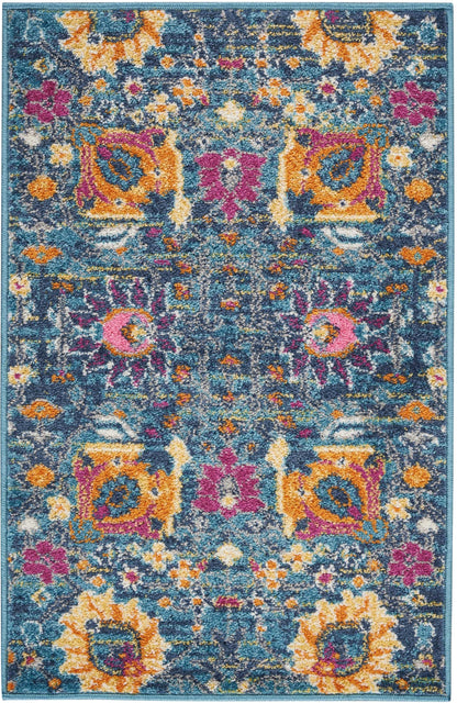 8' Blue And Orange Floral Power Loom Runner Rug