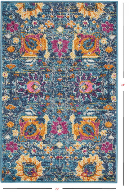 8' Blue And Orange Floral Power Loom Runner Rug