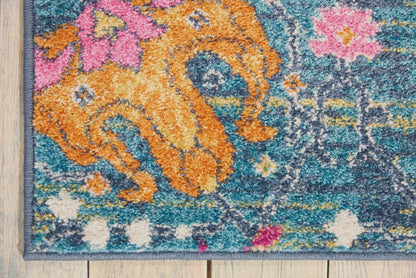 8' Blue And Orange Floral Power Loom Runner Rug