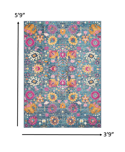 8' Blue And Orange Floral Power Loom Runner Rug