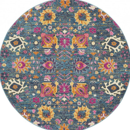 8' Blue And Orange Floral Power Loom Runner Rug