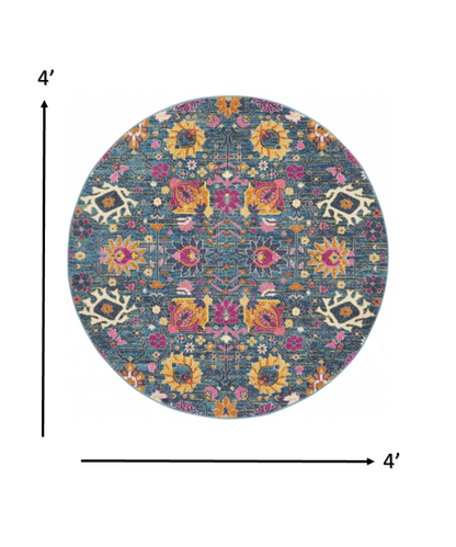 8' Blue And Orange Floral Power Loom Runner Rug