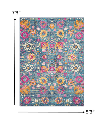 8' Blue And Orange Floral Power Loom Runner Rug
