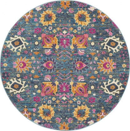 8' Blue And Orange Floral Power Loom Runner Rug
