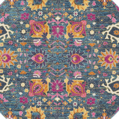8' Blue And Orange Floral Power Loom Runner Rug