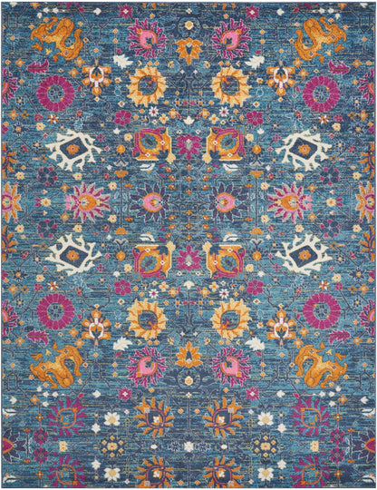 8' Blue And Orange Floral Power Loom Runner Rug