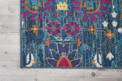 8' Blue And Orange Floral Power Loom Runner Rug