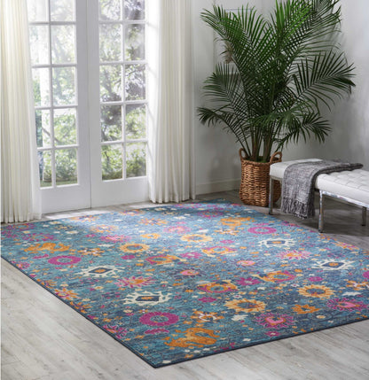 8' Blue And Orange Floral Power Loom Runner Rug
