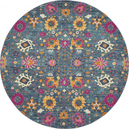8' Blue And Orange Floral Power Loom Runner Rug