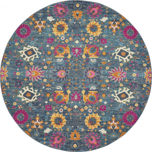 8' Blue And Orange Floral Power Loom Runner Rug