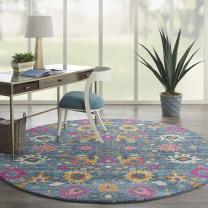 8' Blue And Orange Floral Power Loom Runner Rug