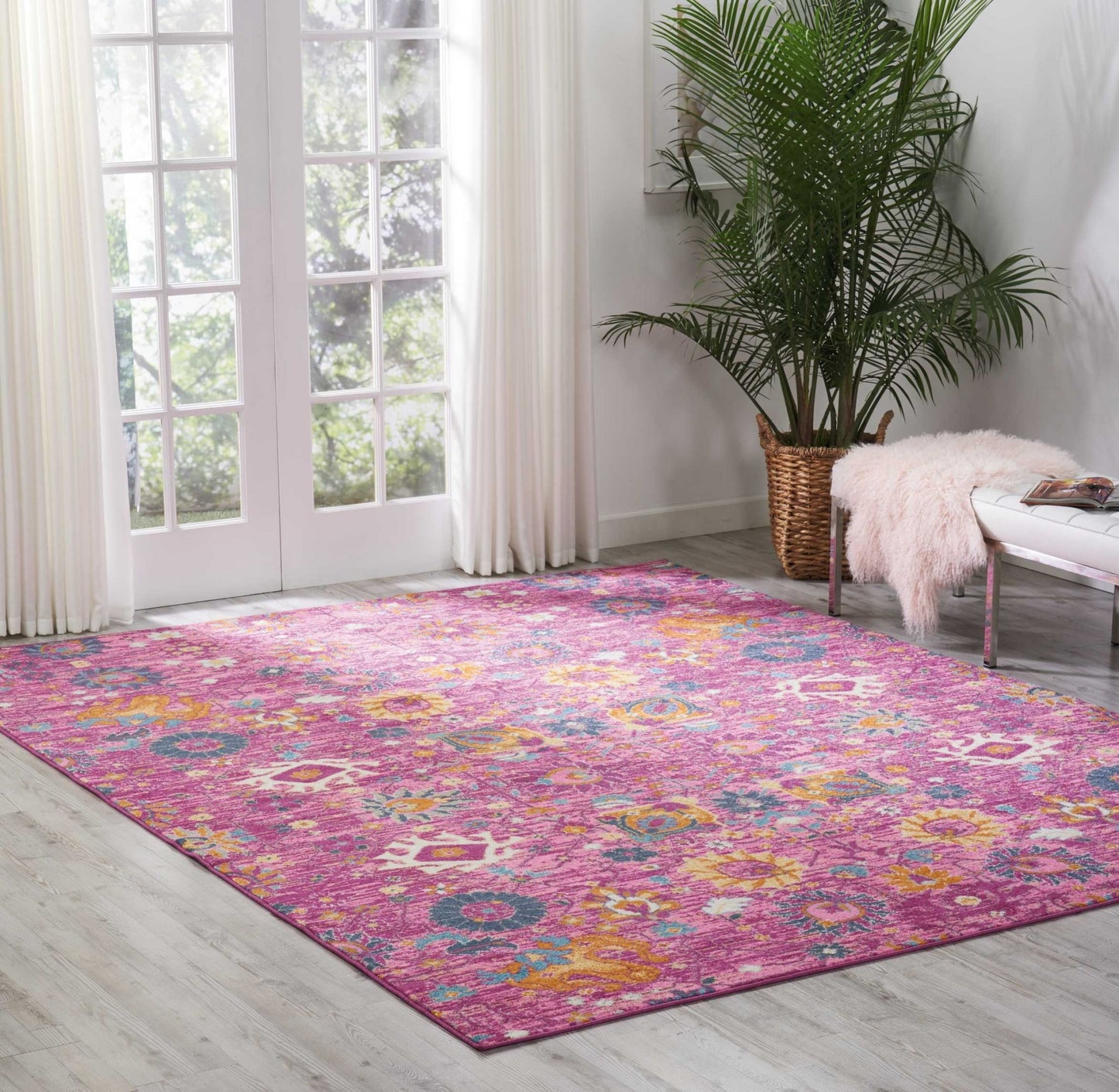 5' X 7' Fuchsia Floral Power Loom Area Rug