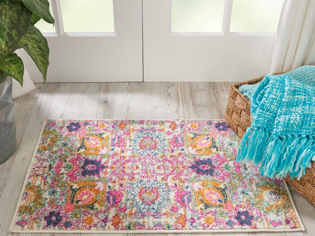 8' Silver Floral Power Loom Runner Rug