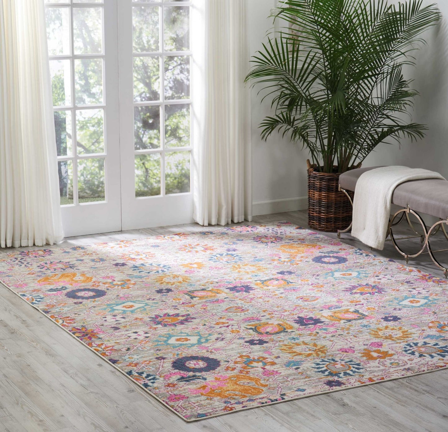 8' Silver Floral Power Loom Runner Rug