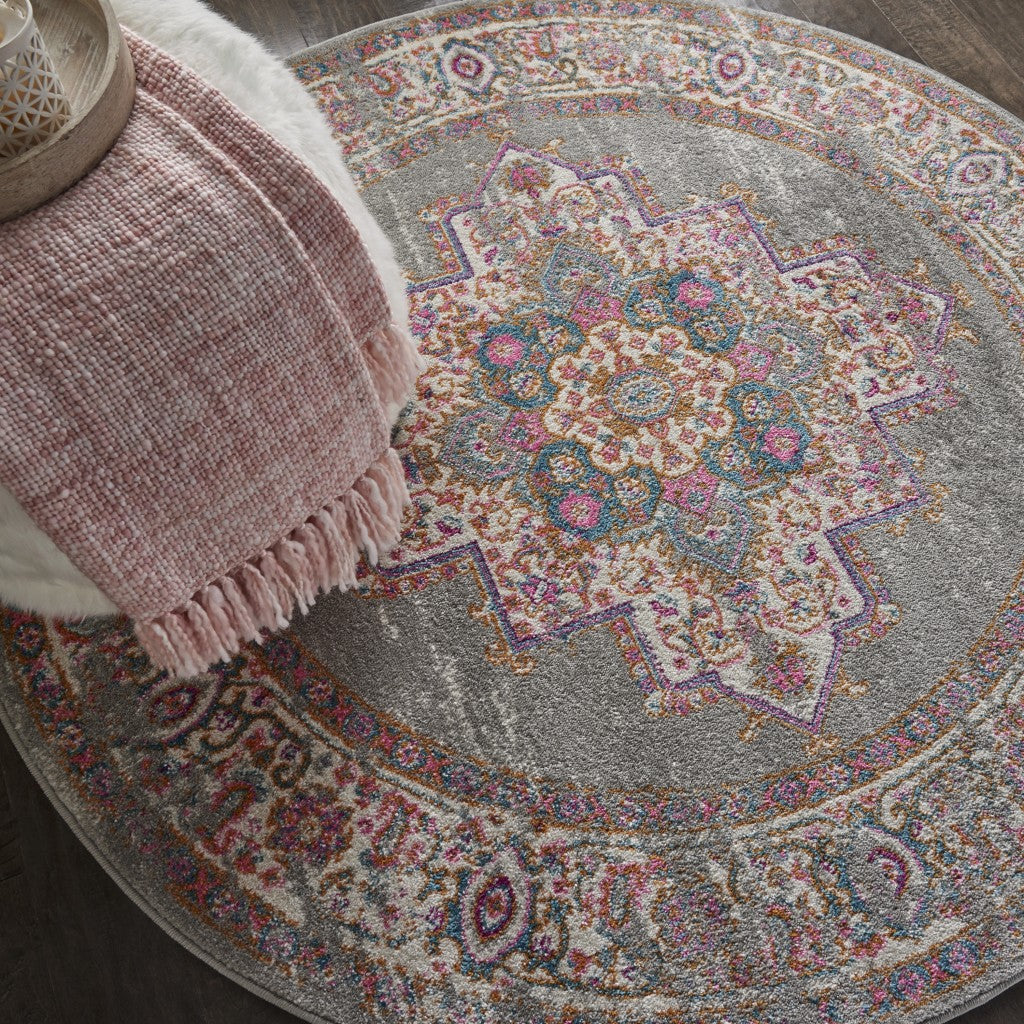 5' Gray Round Power Loom Area Rug
