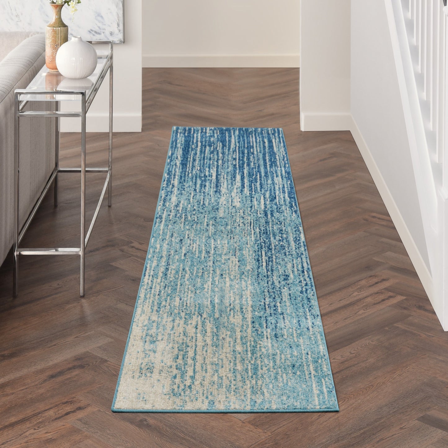 8' Ivory And Blue Abstract Power Loom Runner Rug