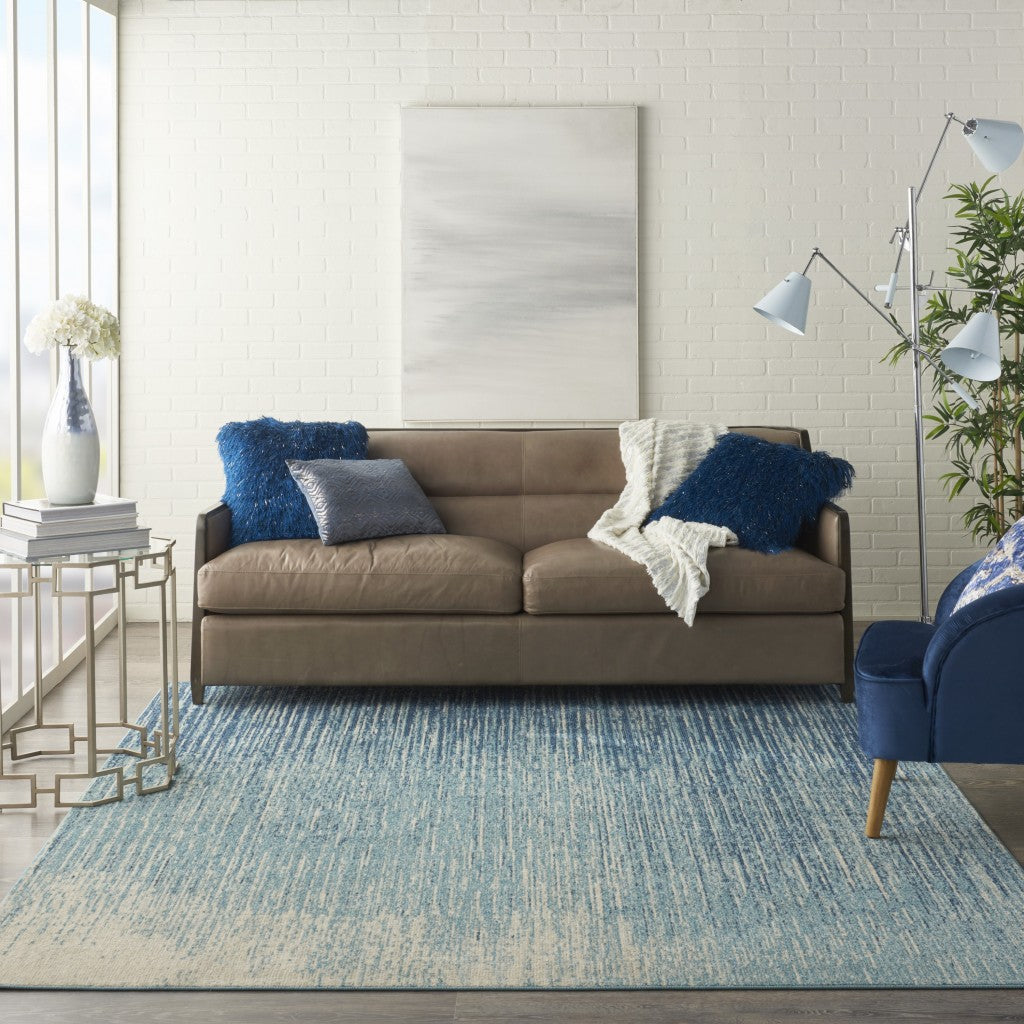 8' Ivory And Blue Abstract Power Loom Runner Rug