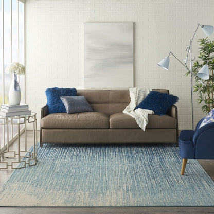 8' Ivory And Blue Abstract Power Loom Runner Rug