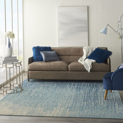 8' Ivory And Blue Abstract Power Loom Runner Rug