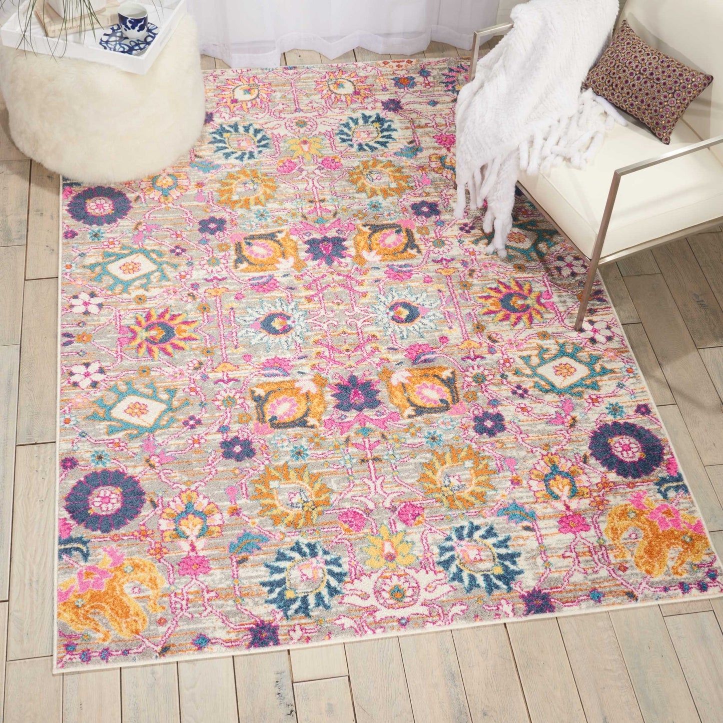 8' Silver Floral Power Loom Runner Rug