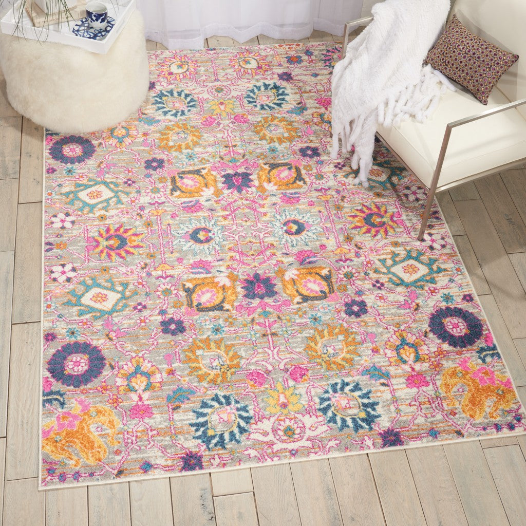 8' Silver Floral Power Loom Runner Rug