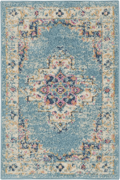4' Light Blue Round Southwestern Power Loom Area Rug