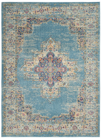 4' Light Blue Round Southwestern Power Loom Area Rug