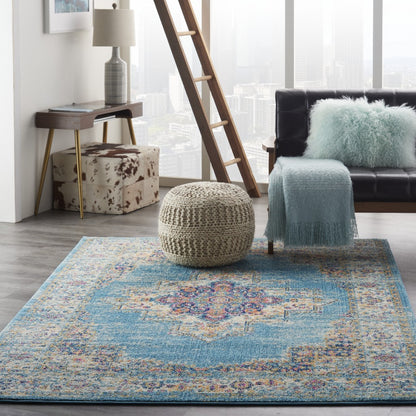 4' Light Blue Round Southwestern Power Loom Area Rug