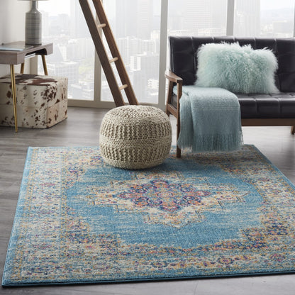 4' Light Blue Round Southwestern Power Loom Area Rug