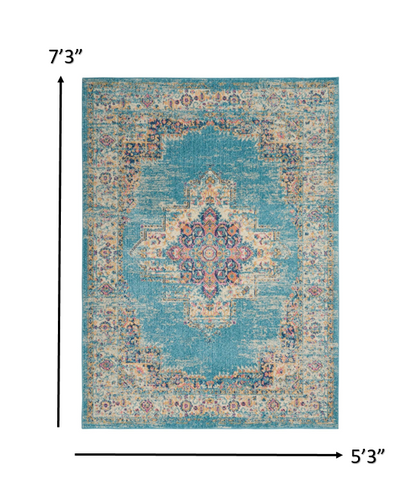 4' Light Blue Round Southwestern Power Loom Area Rug