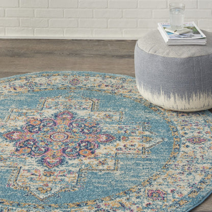 4' Light Blue Round Southwestern Power Loom Area Rug