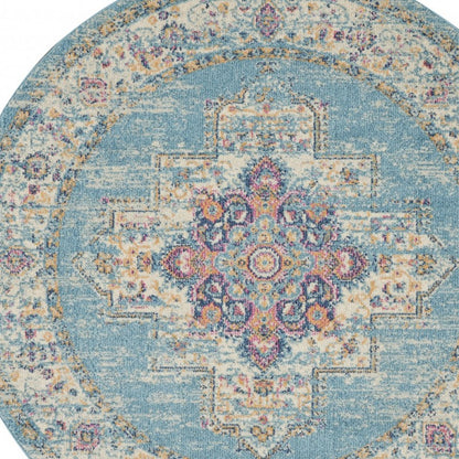 4' Light Blue Round Southwestern Power Loom Area Rug
